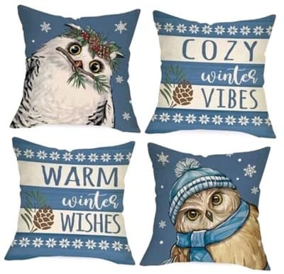 Warm Winter Wishes Snowy Owl Decorative Throw 20" x 20" Pack of 4 Winter Owl New - Image 1