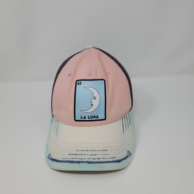 La Luna Moon Mesh Trucker Hat Pink Gray Snapback Loteria Style Adjustable Cap - Image 1