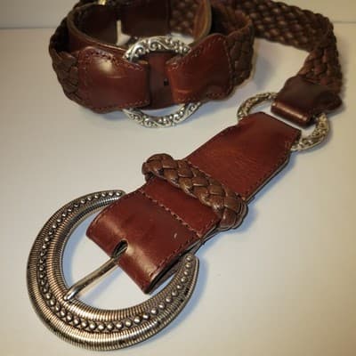 Brighton Brown Braided Leather Belt Sz 34 Silver-Tone Western Buckle Fits 33-37" - Image 1