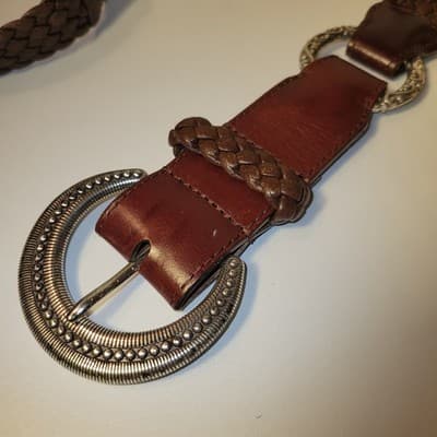 Brighton Brown Braided Leather Belt Sz 34 Silver-Tone Western Buckle Fits 33-37" - Thumbnail 3