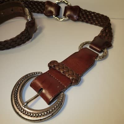 Brighton Brown Braided Leather Belt Sz 34 Silver-Tone Western Buckle Fits 33-37" - Thumbnail 2