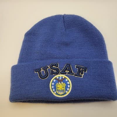 USAF Knit Beanie Hat Blue Embroidered Logo Winter Skull Cap Unisex - Image 1