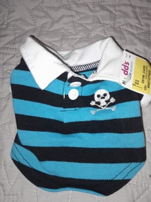 Pet Spirit Dog Shirt Blue & Black Striped Polo w Skull X-Small Chest 10.5" - Image 1