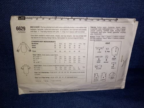 Simplicity 6629 Mens Retro Top-Stitched Shirt Pockets w Flaps Sz 46 Pattern UC - Thumbnail 2