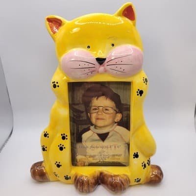 Vintage Whimsical Yellow Cat Ceramic Photo Frame Cute Cat Lover Decor 4x6 - Image 1