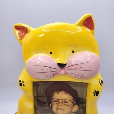 Vintage Whimsical Yellow Cat Ceramic Photo Frame Cute Cat Lover Decor 4x6 - Thumbnail 2