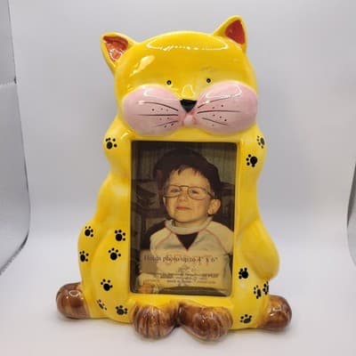Vintage Whimsical Yellow Cat Ceramic Photo Frame Cute Cat Lover Decor 4x6 - Thumbnail 3