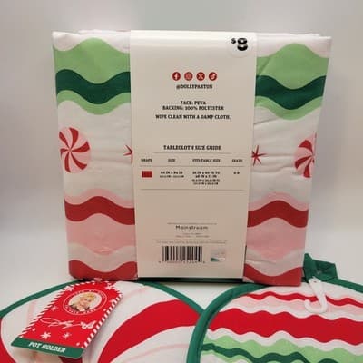 Dolly Parton Christmas Tablecloth 60x84 Pot Holders Set Holiday Peppermint Decor - Thumbnail 6