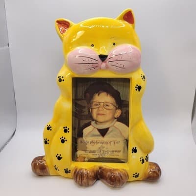 Vintage Whimsical Yellow Cat Ceramic Photo Frame Cute Cat Lover Decor 4x6 - Thumbnail 4