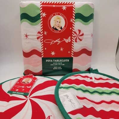 Dolly Parton Christmas Tablecloth 60x84 Pot Holders Set Holiday Peppermint Decor - Image 1