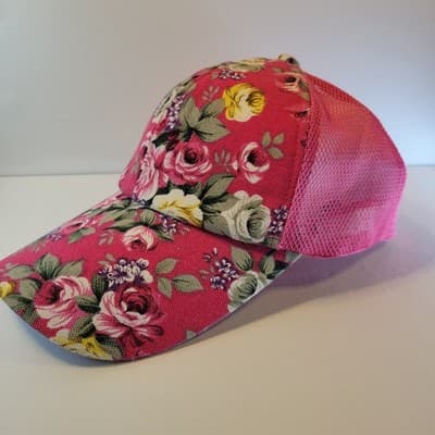 Women’s Floral Pink Mesh Trucker Hat – Adjustable Hook & Loop Back – Rose Print - Image 1