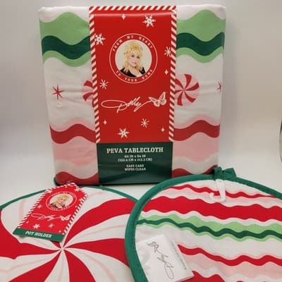Dolly Parton Christmas Tablecloth 60x84 Pot Holders Set Holiday Peppermint Decor - Thumbnail 2