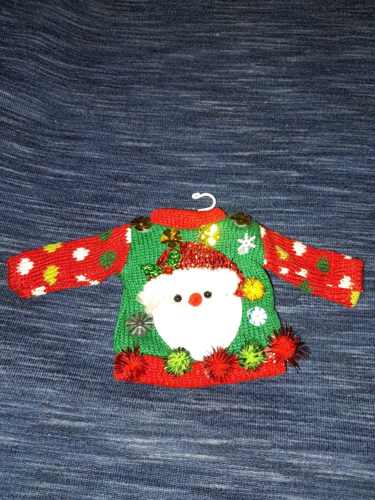Ugly Christmas Sweater Ornament With Santa Face, Pom Poms & Sequence Adorable - Thumbnail 4