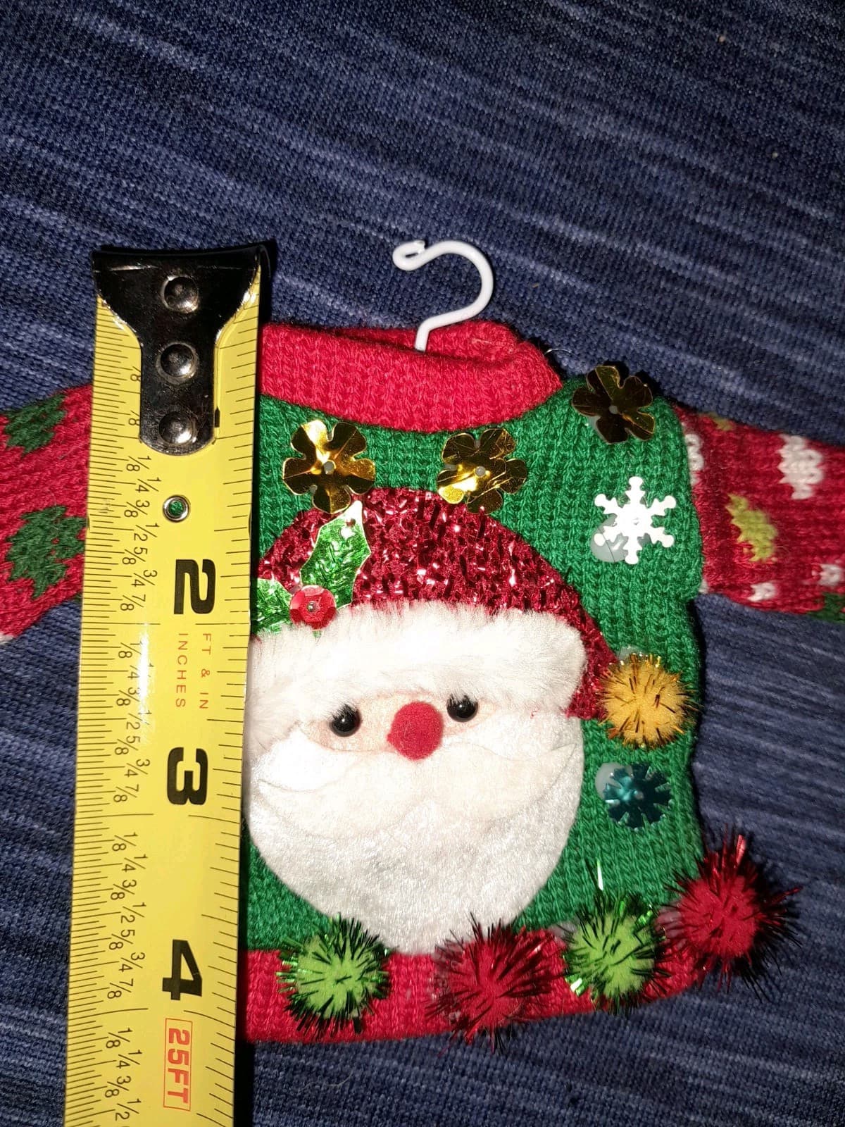 Ugly Christmas Sweater Ornament With Santa Face, Pom Poms & Sequence Adorable - Image 1