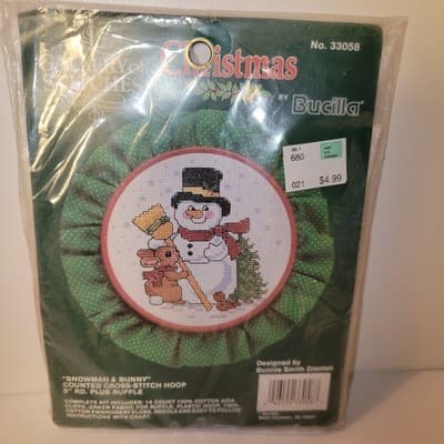 Bucilla Gallery of Stitches Snowman & Bunny Cross Stitch Kit #33058 NOS Sealed - Thumbnail 3