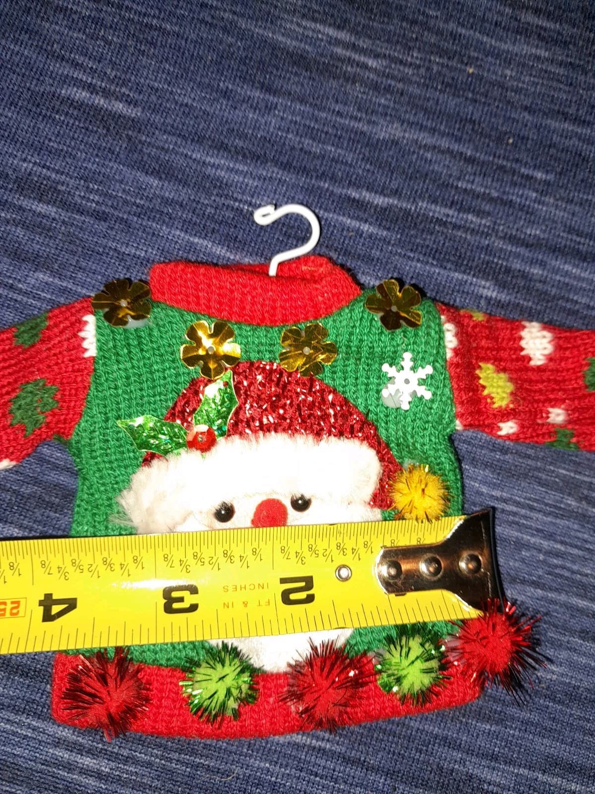 Ugly Christmas Sweater Ornament With Santa Face, Pom Poms & Sequence Adorable - Thumbnail 2
