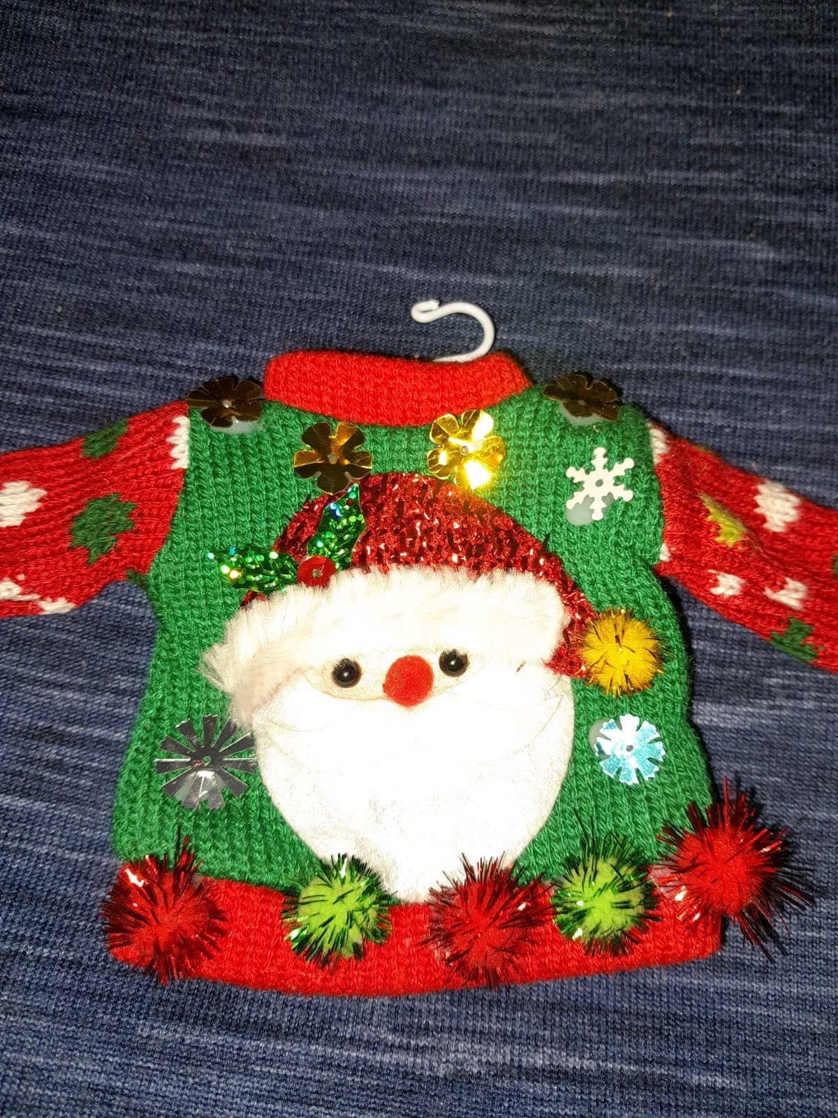 Ugly Christmas Sweater Ornament With Santa Face, Pom Poms & Sequence Adorable - Thumbnail 3
