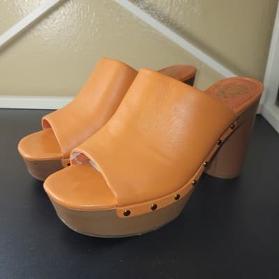 Vince Camuto VC-Haydon Orange Leather Platform Mule Sandals Heels 7.5 Retro - Image 1