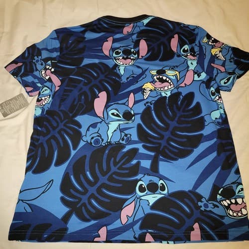 Disney Stitch Graphic Tee Shirt Blue Leaf Print XL 52" Chest Modern - Thumbnail 3