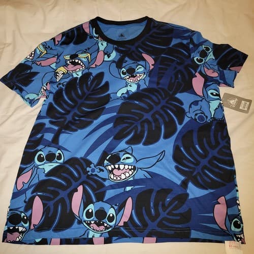 Disney Stitch Graphic Tee Shirt Blue Leaf Print XL 52" Chest Modern - Thumbnail 2