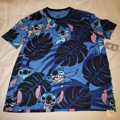 Disney Stitch Graphic Tee Shirt Blue Leaf Print XL 52" Chest Modern - Image 1
