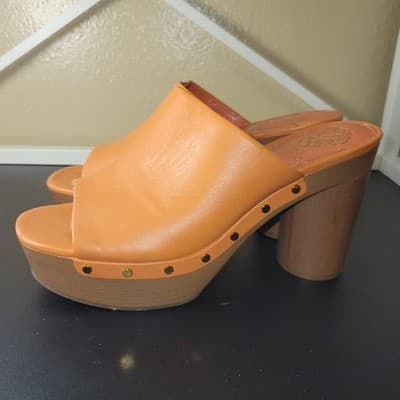 Vince Camuto VC-Haydon Orange Leather Platform Mule Sandals Heels 7.5 Retro - Thumbnail 3