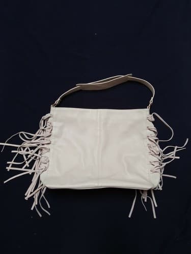Expressions NYC Womens Handbag Ivory Fringe Large Faux Leather 14"x12" Boho Chic - Thumbnail 3