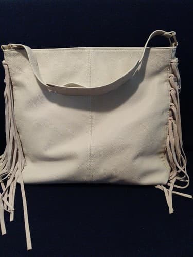 Expressions NYC Womens Handbag Ivory Fringe Large Faux Leather 14"x12" Boho Chic - Thumbnail 2