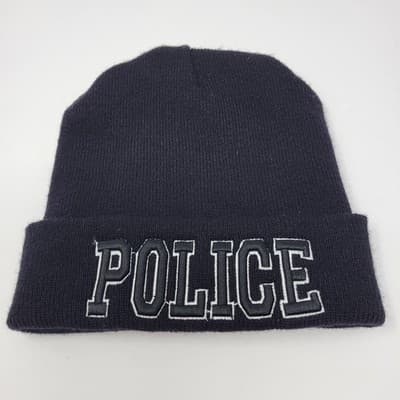 Black Horn Police Embroidered Watch Cap Black Beanie White Outline Lettering USA - Thumbnail 2