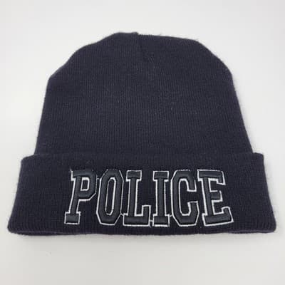 Black Horn Police Embroidered Watch Cap Black Beanie White Outline Lettering USA - Image 1