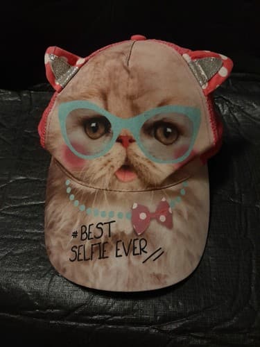 Cat With Glasses Hat Best Selfie Ever Kids Cap pink girls sparkle kitty Bling - Image 1