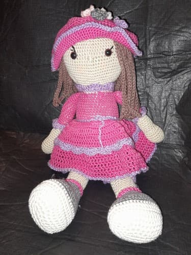 Crochet Hand Crafted Knitted Doll 16 In Unique Handmade Doll in Dress & Hat Pink - Image 1