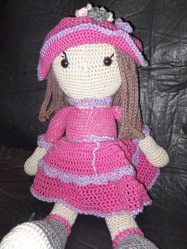 Crochet Hand Crafted Knitted Doll 16 In Unique Handmade Doll in Dress & Hat Pink - Thumbnail 3