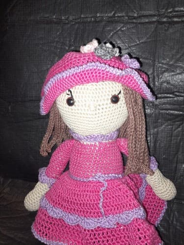 Crochet Hand Crafted Knitted Doll 16 In Unique Handmade Doll in Dress & Hat Pink - Thumbnail 2