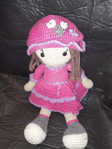 Crochet Hand Crafted Knitted Doll 16 In Unique Handmade Doll in Dress & Hat Pink - Thumbnail 4