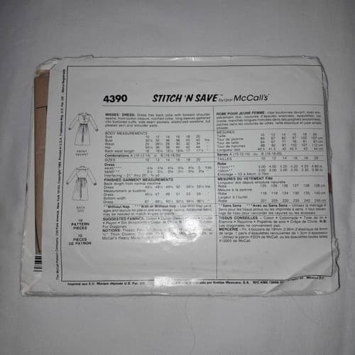 McCalls 4390 Sewing Pattern Sz 6-18 Dress Collared Pleated Skirt Vintage Classic - Thumbnail 3