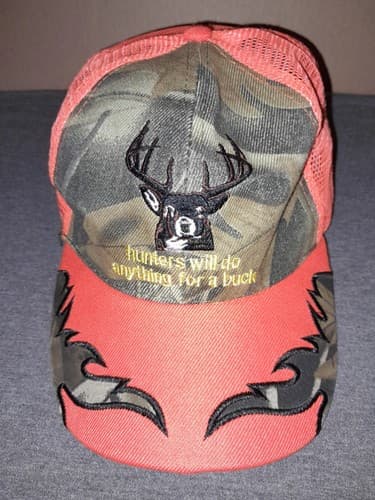Hunters Will do anything for a Buck Hunting Cap Orange / Camo Loop Back Hat - Image 1