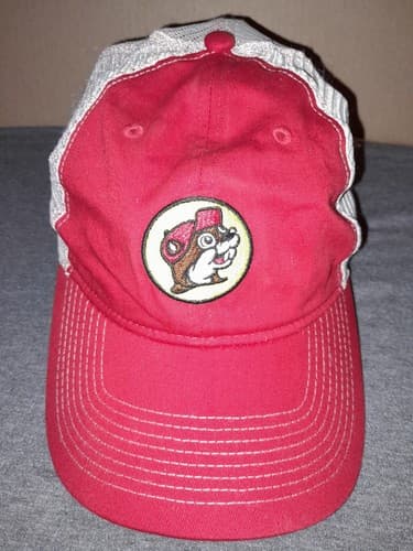 Buc-ees Strapback Red Trucker Hat Embroidered Logo Mesh Back Baseball Cap - Image 1