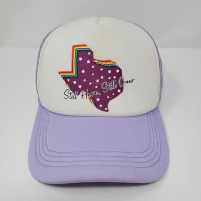 TEXAS PRIDE Trucker Style Mesh Adjustable Purple HAT CAP Still Here Still Queer - Thumbnail 2