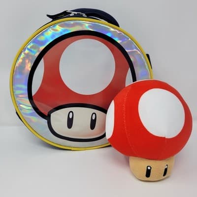 Super Mario 1 Up Mushroom Holographic Round Bag 10” + Plush Nintendo Set Bundle - Image 1