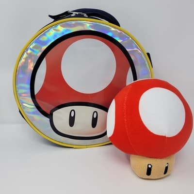 Super Mario 1 Up Mushroom Holographic Round Bag 10” + Plush Nintendo Set Bundle - Thumbnail 2