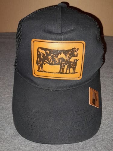 Cow Calf Cattle Farm Leather Patch Ball Cap Trucker Snapback Mesh Hat Black - Image 1