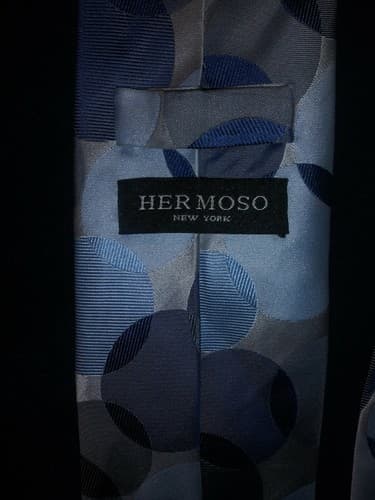 Vtg Hermoso New York Multicolored Blues Handmade Circles 100% Silk Tie 4"W 60"L - Thumbnail 2