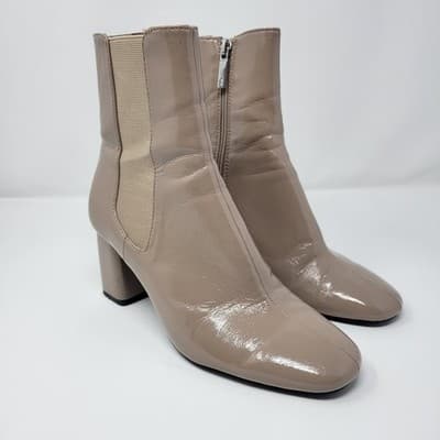 ZARA Taupe Patent Ankle Boots Womens EU 37 US 6.5 Block Heel Side Zip - Image 1