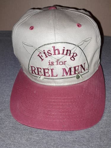 Mens Fishing Hat, “Fishing Is For Reel Men” Shoebox Brand Snapback Gray Burgundy - Image 1