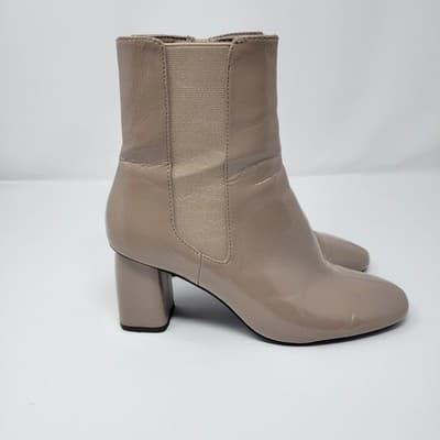 ZARA Taupe Patent Ankle Boots Womens EU 37 US 6.5 Block Heel Side Zip - Thumbnail 2