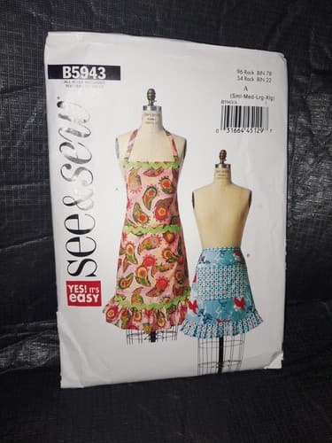 Butterick B5943 5943 See & Sew Pattern Retro Full Half Aprons Sizes S M L XL UC - Thumbnail 2