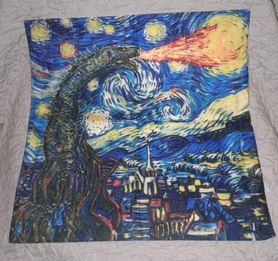 Godzilla King Of The Monsters In Van Gogh Starry Night Throw Pillow Cover New #1 - Thumbnail 2