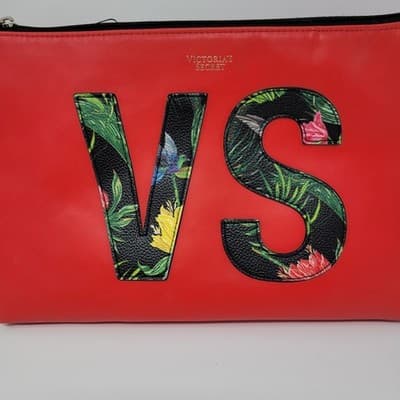 VICTORIA'S SECRET Makeup Bag Womens Red VS Logo Floral Wristlet 12x8 - Thumbnail 3