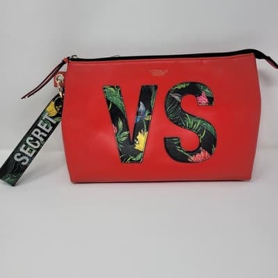 VICTORIA'S SECRET Makeup Bag Womens Red VS Logo Floral Wristlet 12x8 - Thumbnail 2